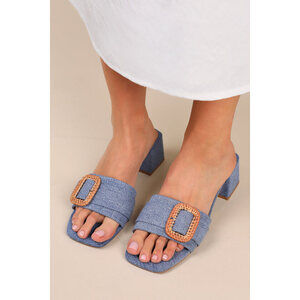 Lulus Calendre Denim Buckle Low Heel Slide Sandals Blue - Size 10